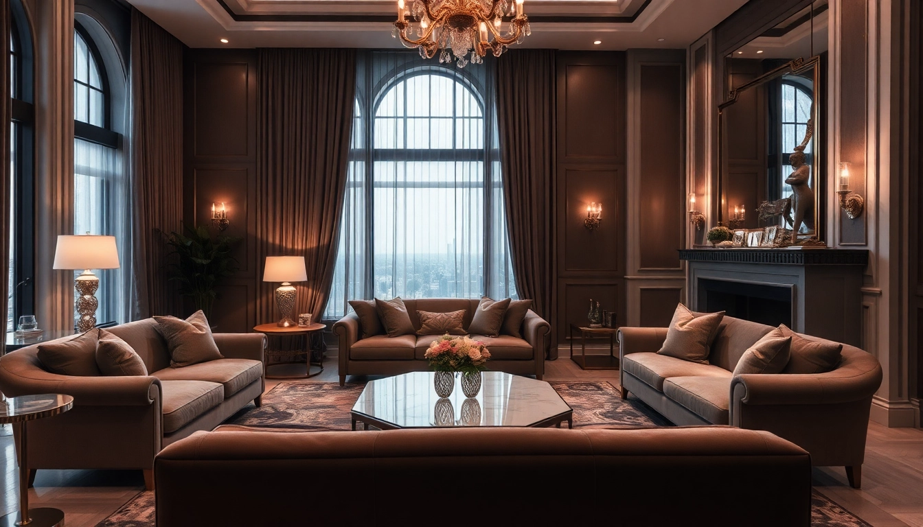 Luxury living room showcasing plush furniture and ambient lighting that enhances comfort and style.