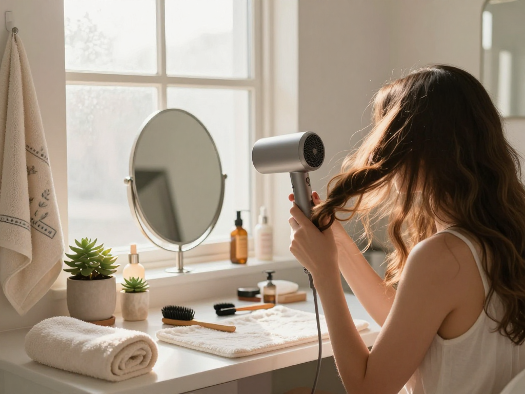 Woman using a small hair dryer for hairstyling in a beautifully organized bathroom vanity.