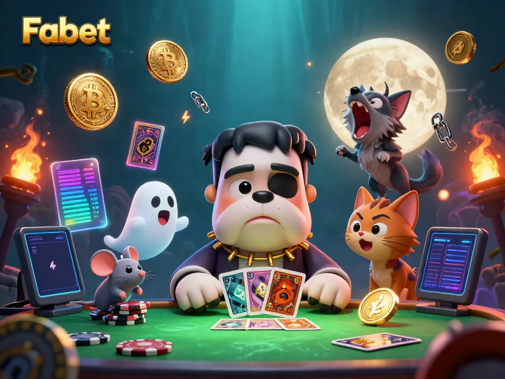 Engage with Fabet's thrilling casino atmosphere as a bulldog dealer showcases poker skills amid crypto coins and ghostly tokens.