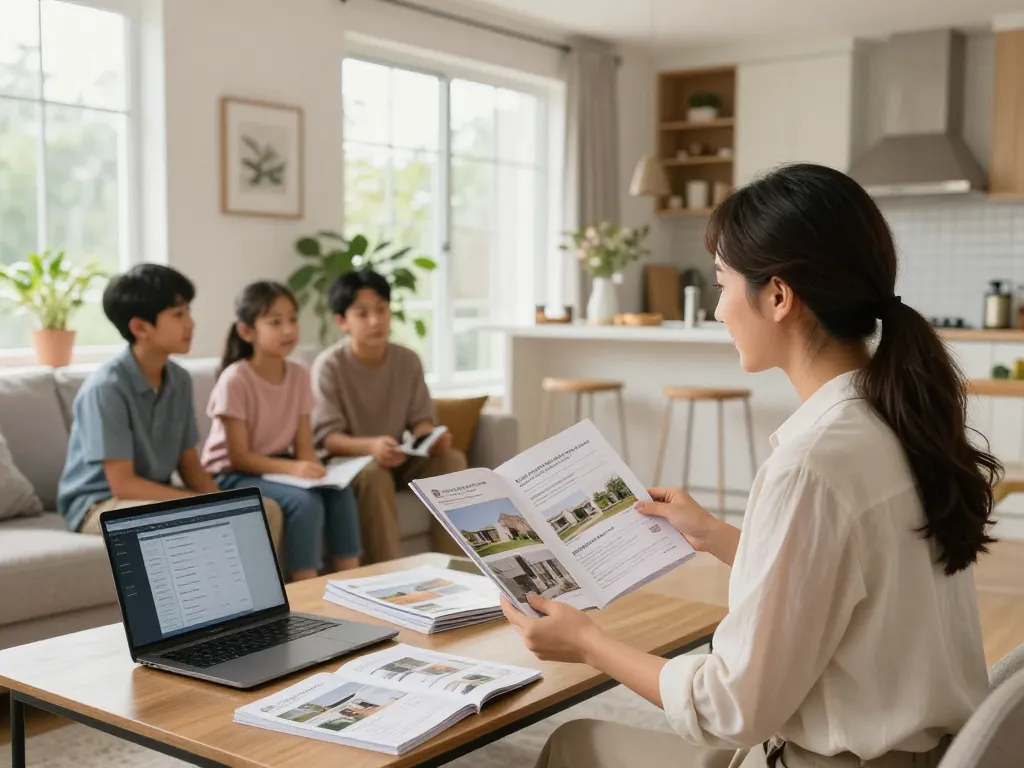 Immobilienmakler Frankfurt Preungesheim unterstützt Hauskäufer in einem stilvollen Wohnzimmer und zeigt die Eigenschaften der Immobilie.