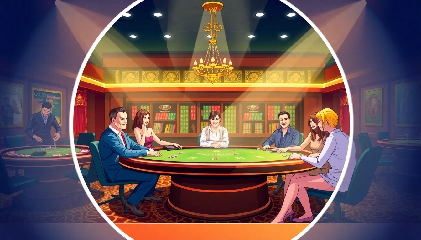 Erlebe Gaming-Vergnügen in Online Casinos Österreich mit bunten Spieltischen und lächelnden Spielern.