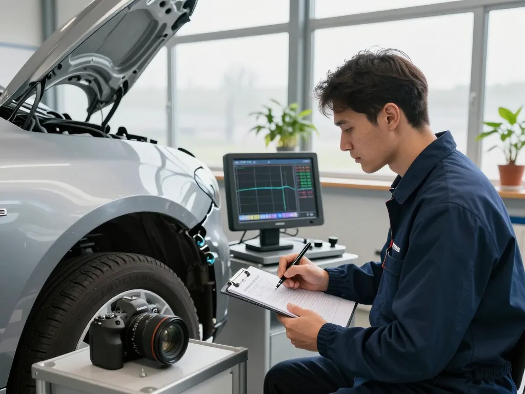 Kfz Gutachter Düren inspiziert Fahrzeugschäden, umgeben von Diagnosetools in einer professionellen Werkstatt.