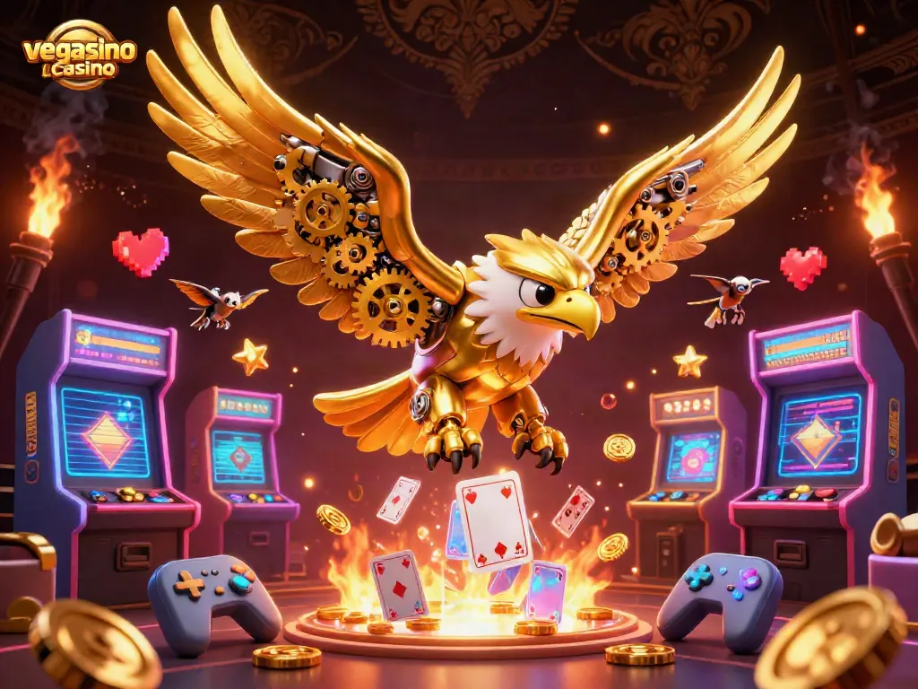 Experience the exciting vegasino casino with a cybernetic golden eagle diving through glowing cards in a vibrant scene.
