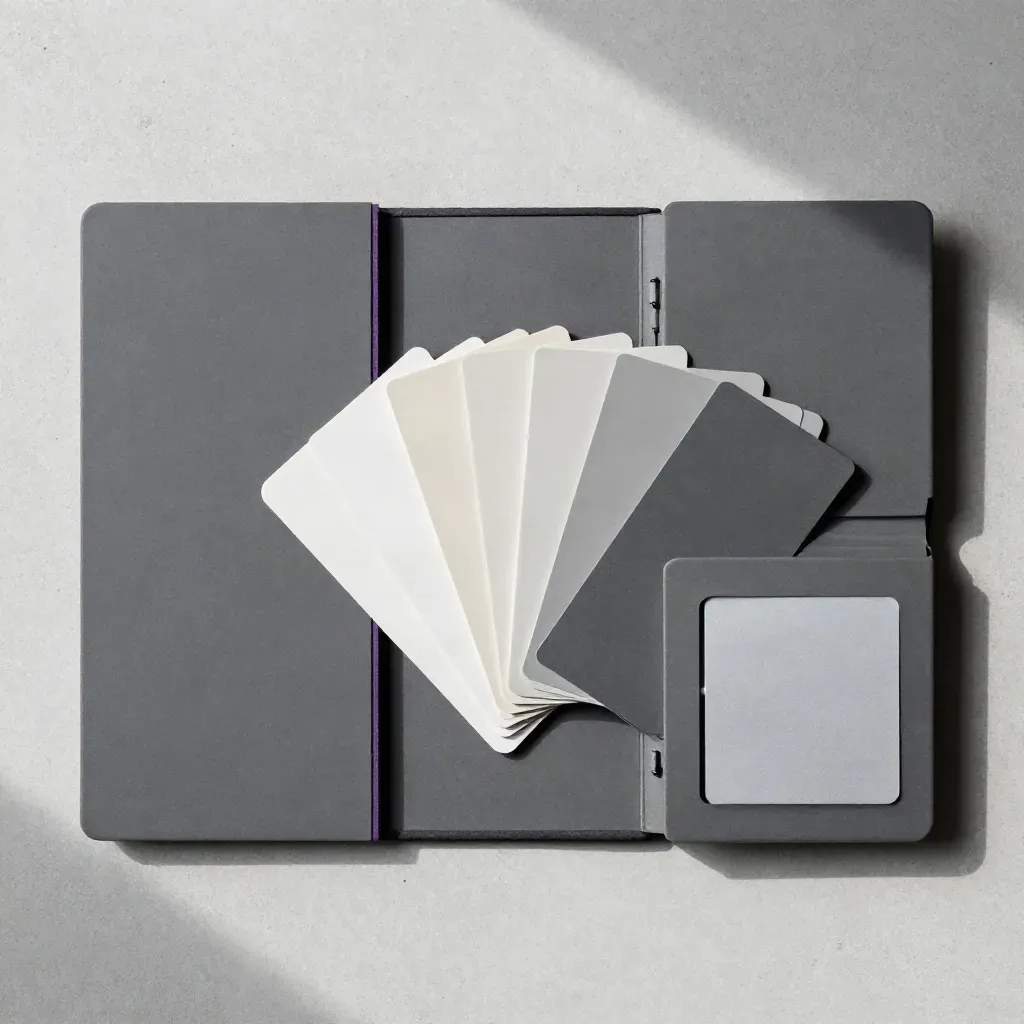 Strenges Overhead-Flatlay eines Team-Launch-Bundles mit Boards, Mustern und versiegelter Beilage.