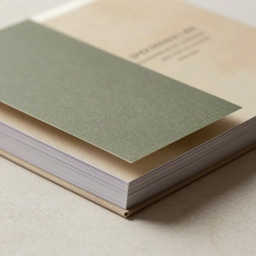 Makro von Vellum-Schichten, schmalem Buch und Layout-Board mit violettem Randlicht.
