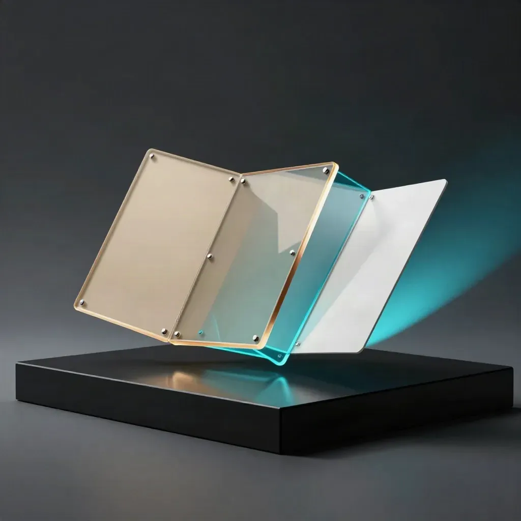 Leuchtende Markenmodulplatten, Farbträger und Ordnerkern auf dunklem Studio-Plinth mit Cyanlicht