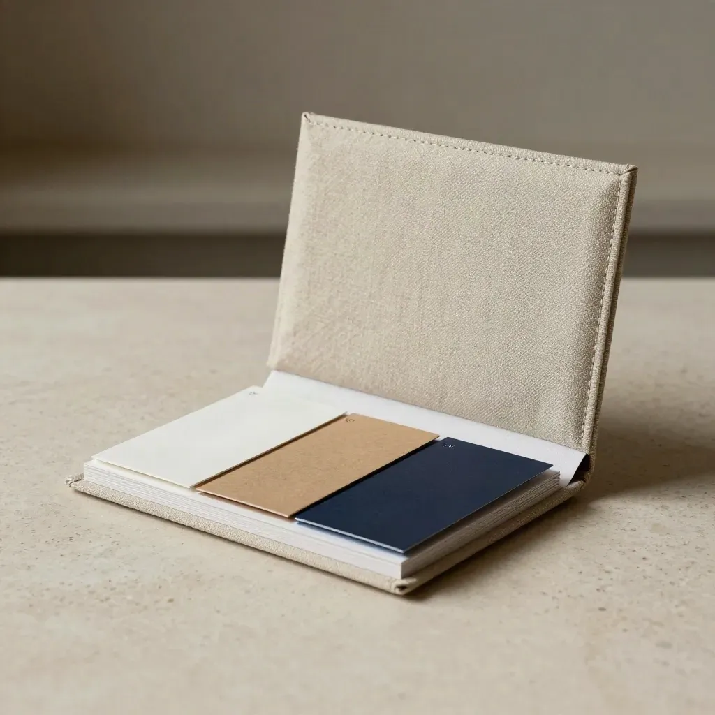 Schlanker Leinenkoffer mit Musterkarten, Mini-Booklet und Farbkarten auf Travertin.