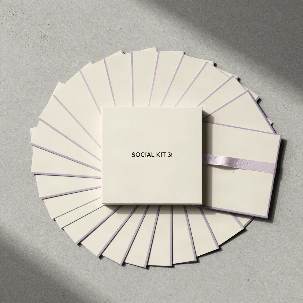 Fächerförmig ausgelegtes Social-Kit mit Quadratkarten, Deckblatt und violettem Halteband auf Stein.