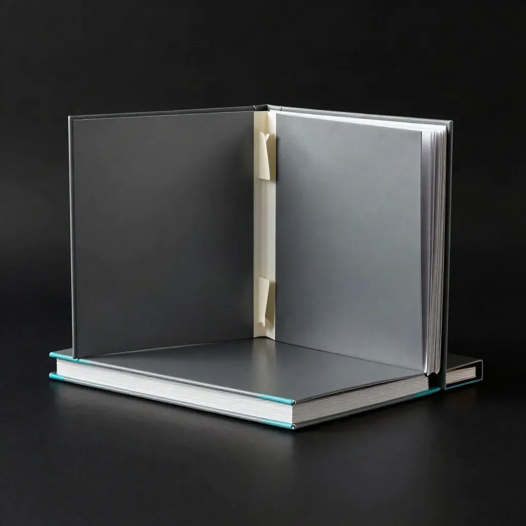 Dunkler Pitch-Deck-Binder mit Flügelkante und Tabs auf schwarzer Fläche, dramatisch inszeniert.