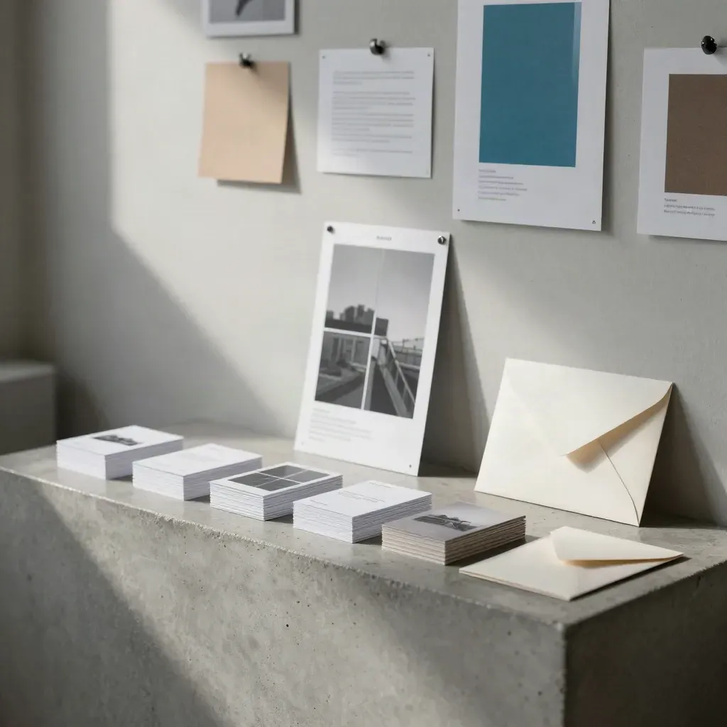 Recruiting-Set aus Karten, Posterboard und Umschlag in hellem Studio.