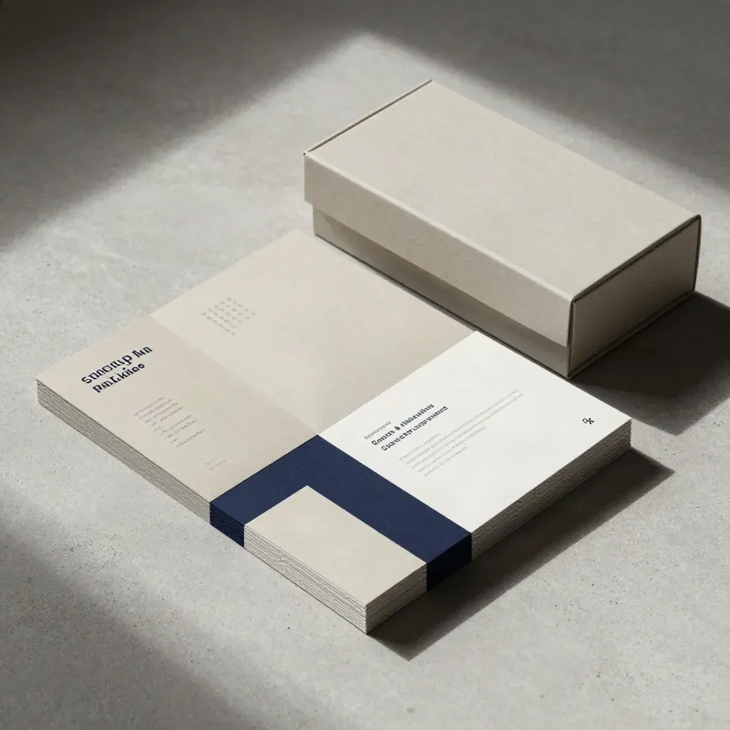Flache Produktaufnahme eines Startup-Startpakets mit Box, Web-Board und Musterstapel.