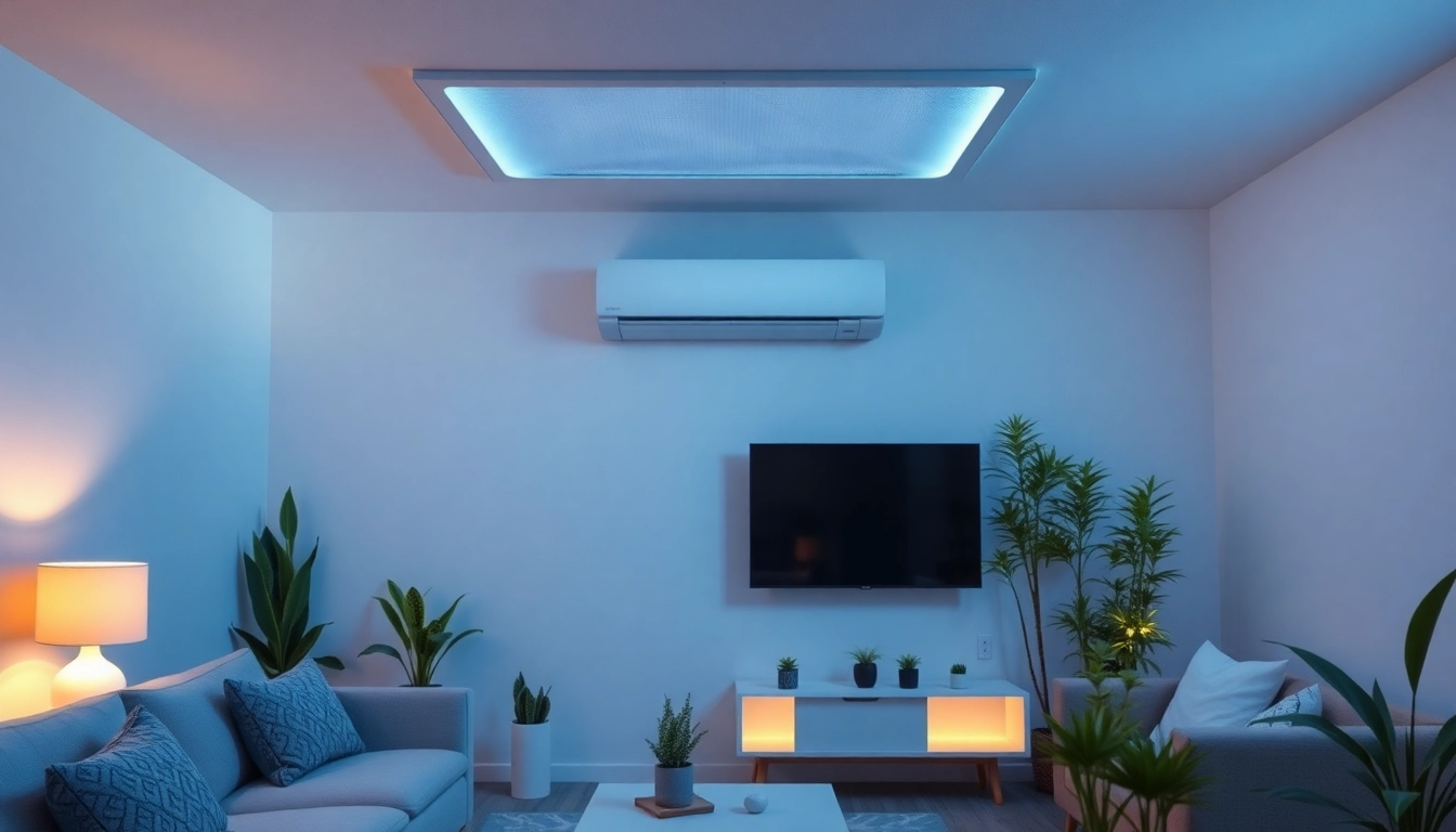 Klimaanlage in einem eleganten Wohnzimmer, das durch Pflanzen und sanftes Licht zur Entspannung einlädt.