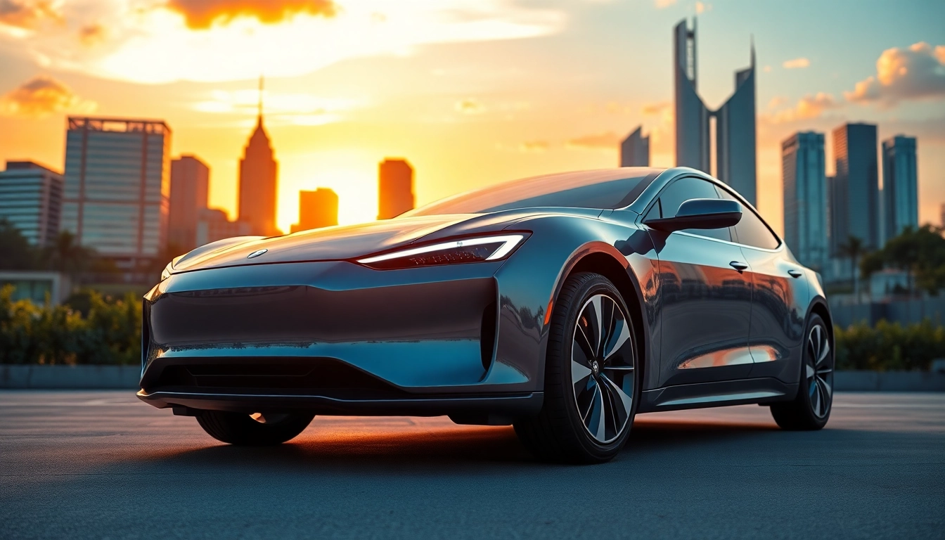 Elektroautos fahren in einer futuristischen Stadt mit modernen Gebäuden und warmen Farben.
