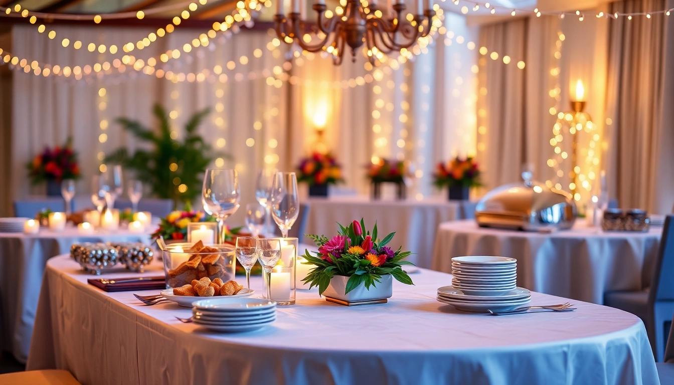 Buffetarrangement für einen Partyservice mit verschiedenen Speisen und Dekoration, das eine festliche Stimmung schafft.