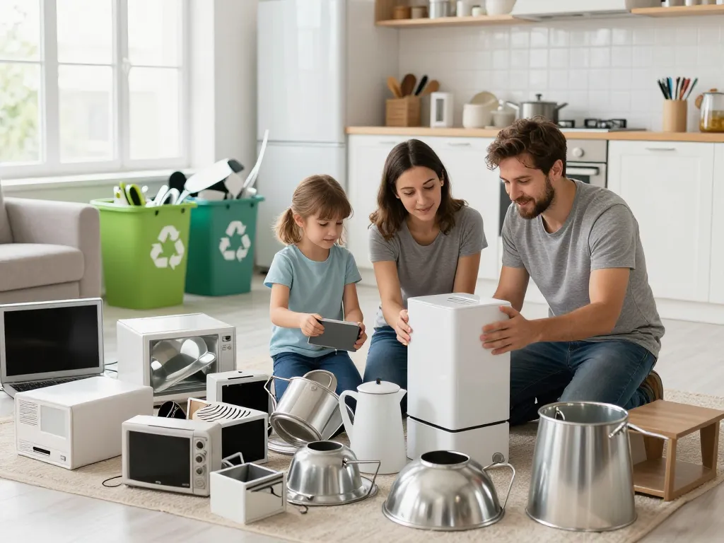 Schrotthändler-Service in Aktion, Familie bereitet Metallgegenstände zum Recycling in einem hellen Zuhause vor.