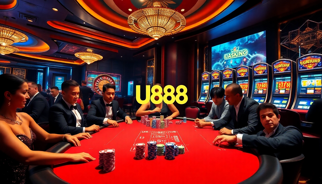Intense poker action at U888 casino with vibrant colors and luxury elements.