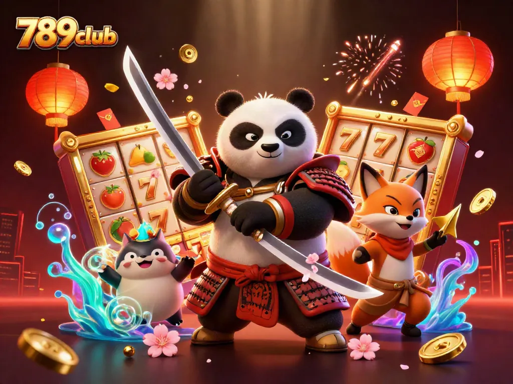 Engage with exciting slot adventures at 789club featuring colorful slots, samurai panda, and golden shuriken action.