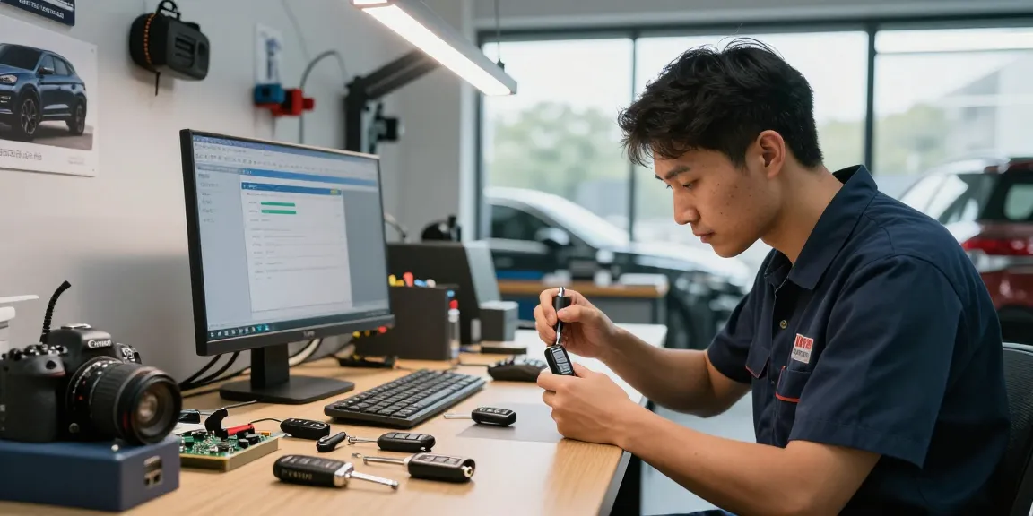 Experte arbeitet an einem Autoschlüssel für Hyundai Tucson in moderner Werkstatt