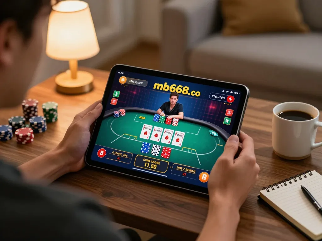 Player engaging in a strategic poker game on mb668.co using a tablet in a cozy home setting