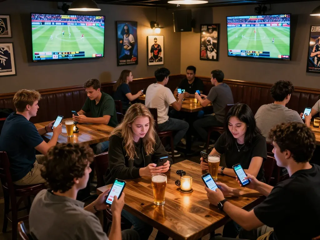 Engaged patrons checking tỷ lệ kèo nhà cái hôm nay on their phones while watching live sports.