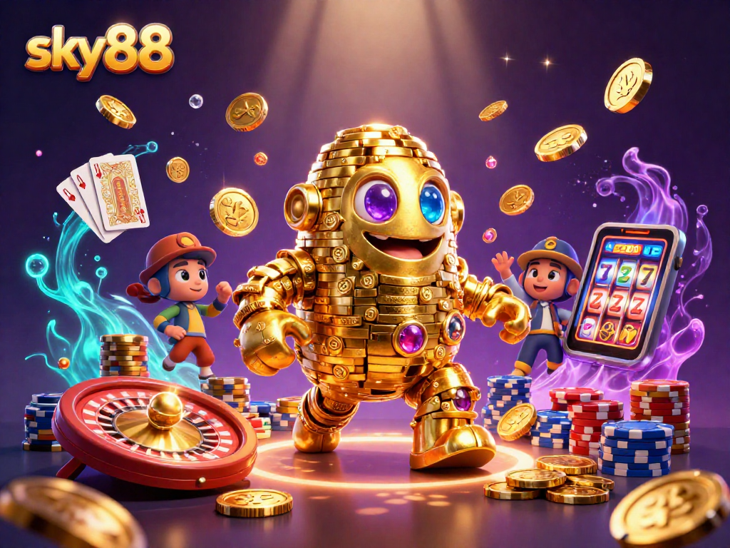 Experience sky88 with animated casino elements like a golem, coins, and a spinning roulette wheel.