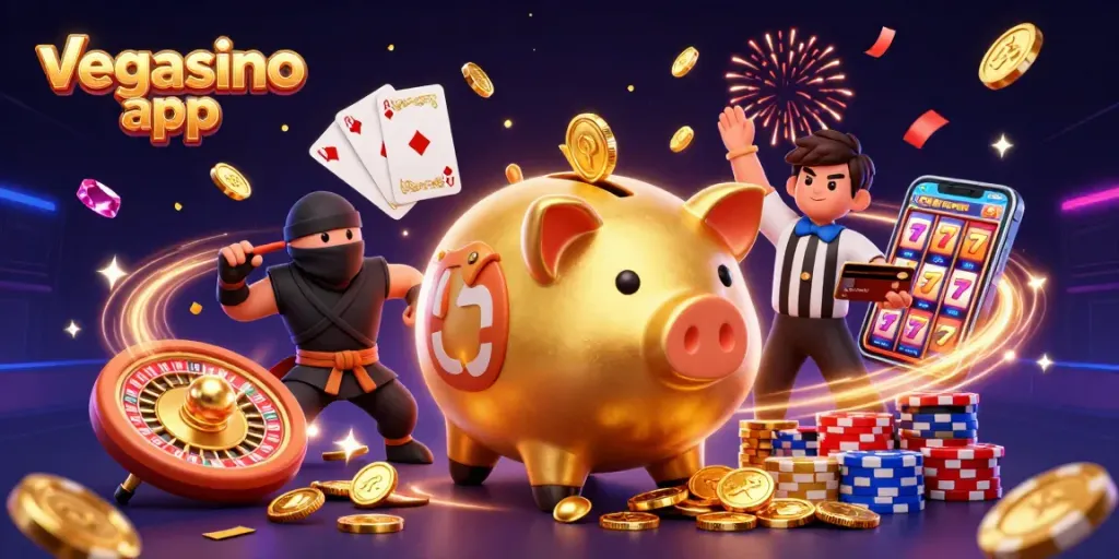 Experience the excitement of the vegasino app with dynamic characters, golden coins, and game elements in a vibrant casino setting.