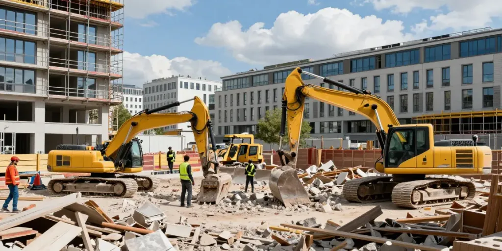 Professionelle Abrissarbeiten in Wien mit modernen Maschinen und Bauarbeitern, die an urbanen Strukturen arbeiten.