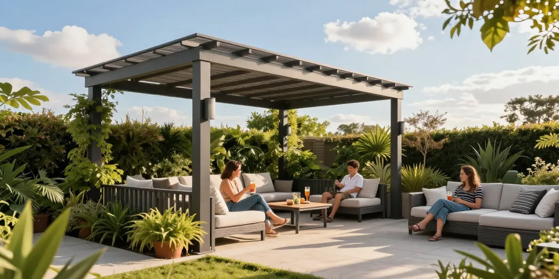 Freistehende Terrassenüberdachung im modernen Garten mit Familie und gemütlichen Möbeln