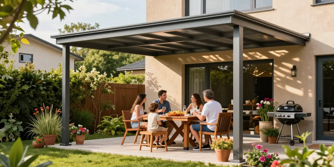 Terrassenüberdachung aus Aluminium, Familie genießt sonnigen Nachmittag auf der Terrasse mit Pflanzen und Barbecue.