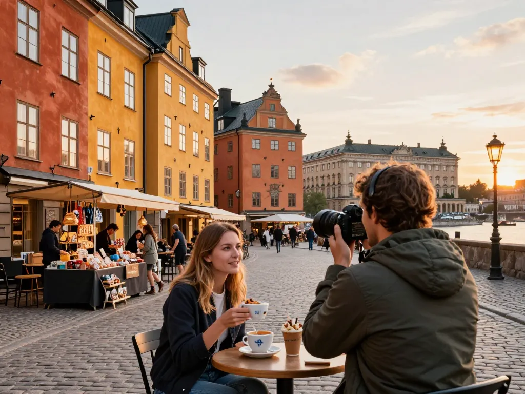 Reisetipps Stockholm mit einem Reisenden, der Fika in Gamla Stan genießt, umgeben von historischen Gebäuden und dem Königlichen Palast.