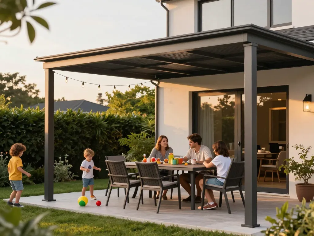 Stylische Familie, die Zeit unter einer Terrassenüberdachung auf einer sonnigen Terrasse genießt.