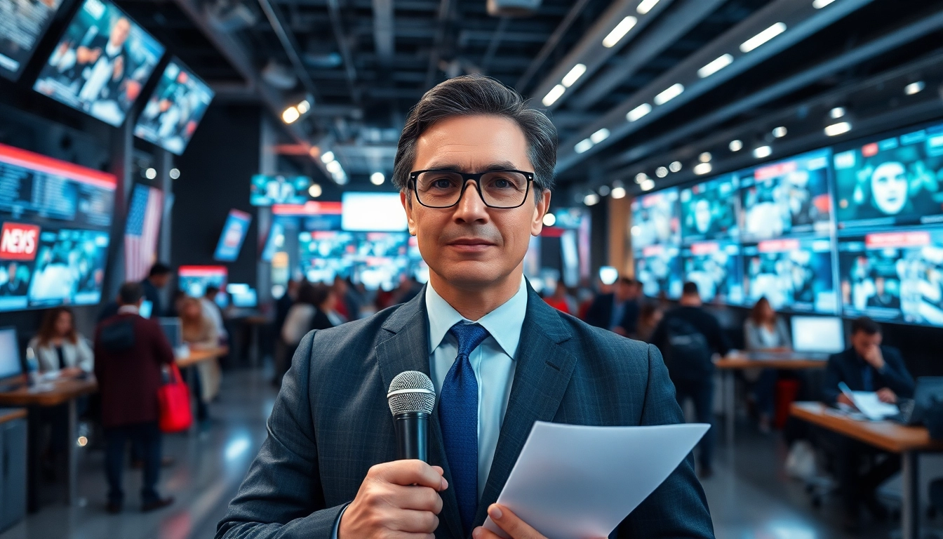 Aktuelle Meldungen werden von einem engagierten Reporter im Nachrichtenraum präsentiert