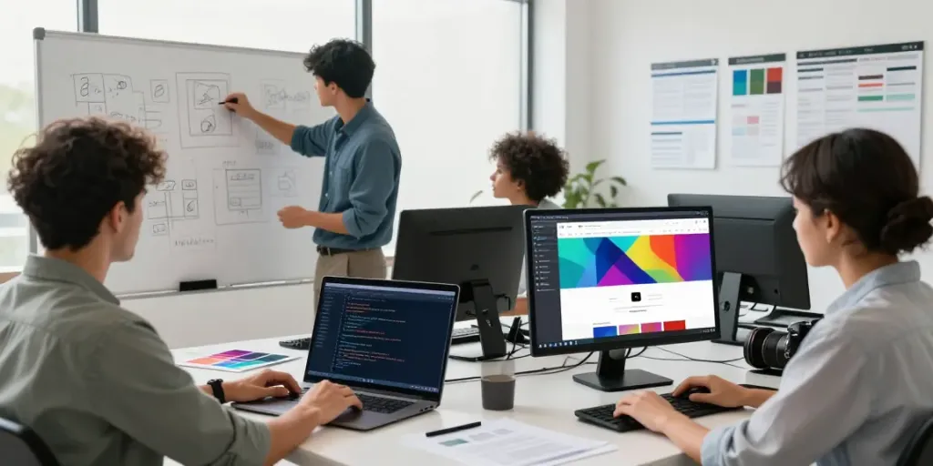 Webdesign Saarland: Team von Designern arbeitet an innovativen Websites in hellem Studio.