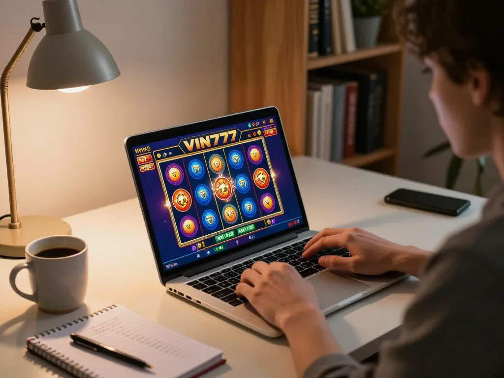 Experience VIN777 excitement at home with a person playing online slots in a cozy setting, strategic notes visible.