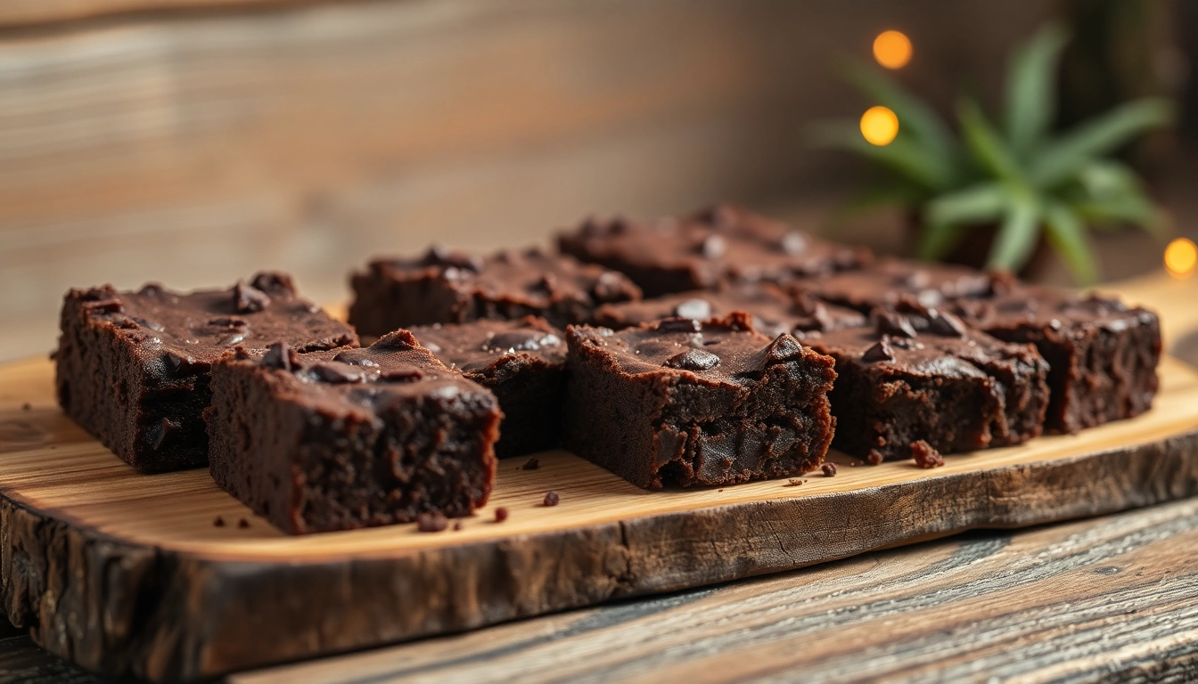 Schokoladige Weed Brownies mit glänzender Glasur auf Holzbrett garnishiert mit Kräutern.