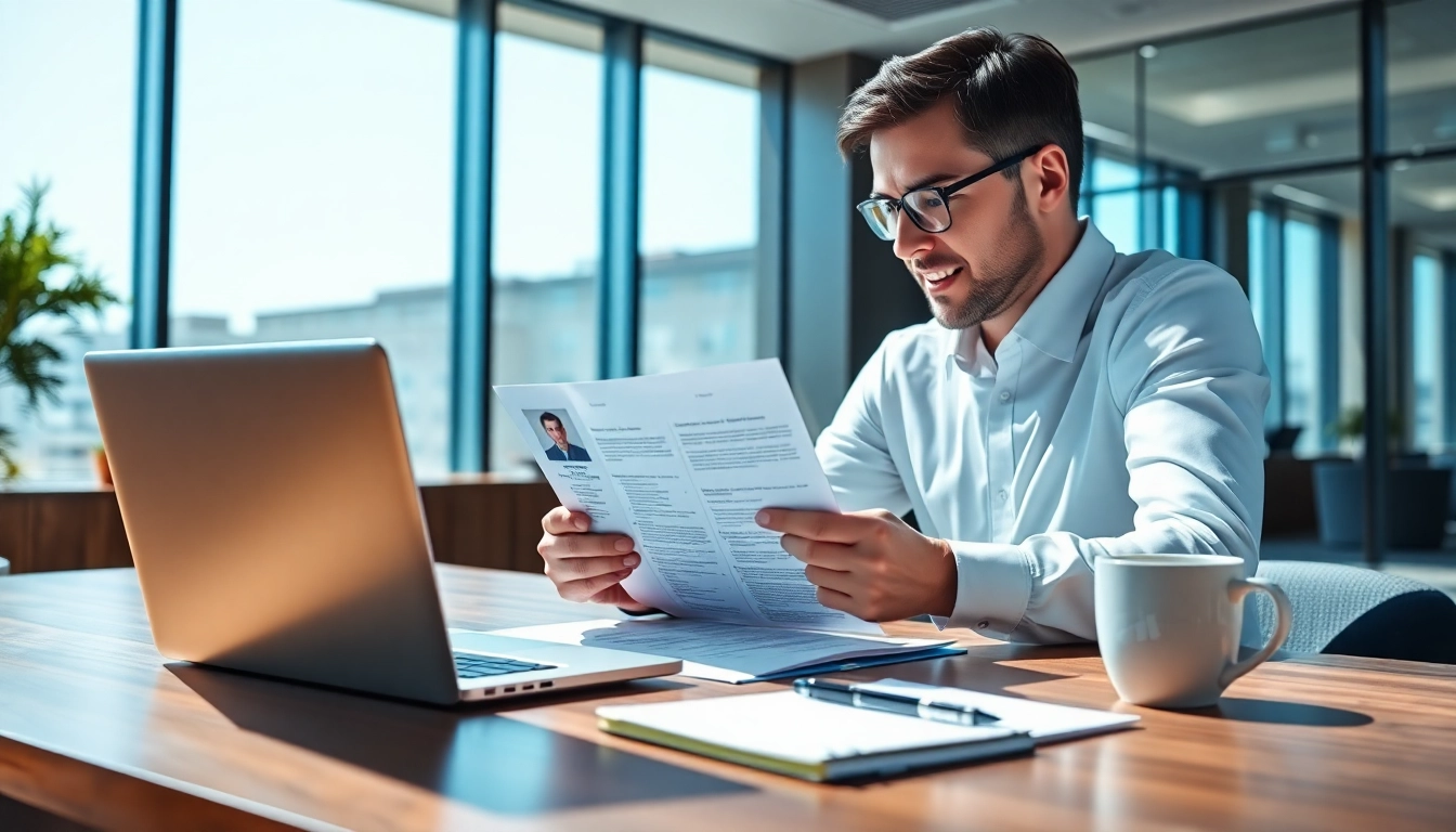 Headhunter IT untersucht Lebensläufe in einem modernen Büro.
