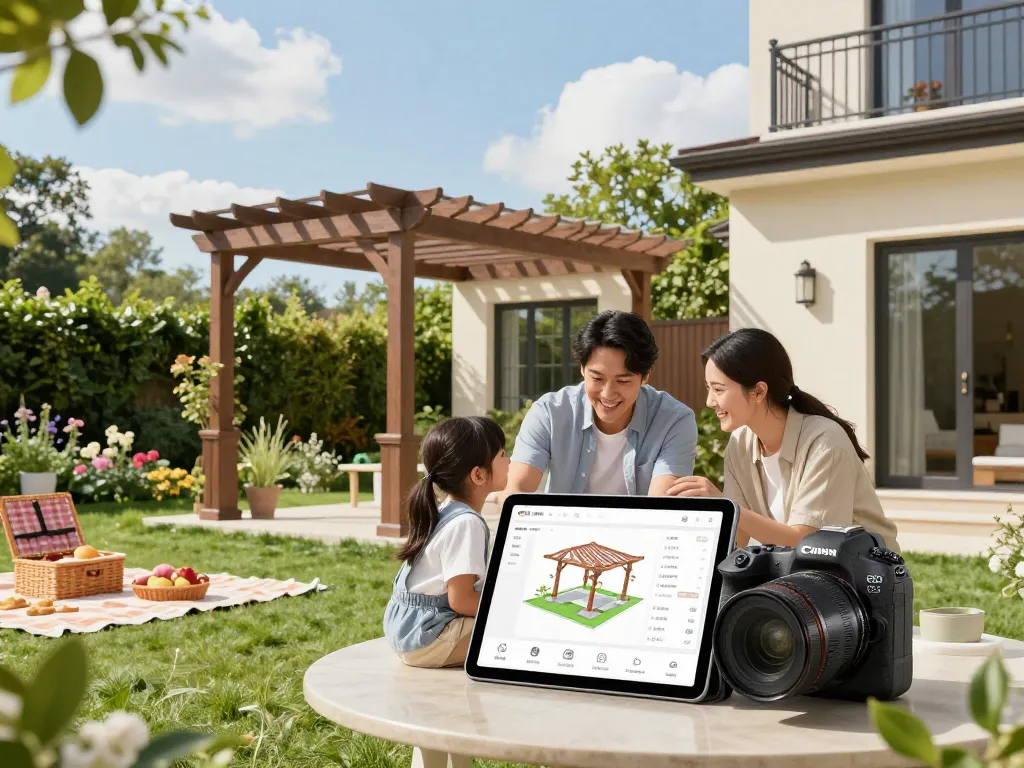 Interaktive Familienszene, die ein Pergola 3D-Modell in einer sonnigen Gartenumgebung konfiguriert.