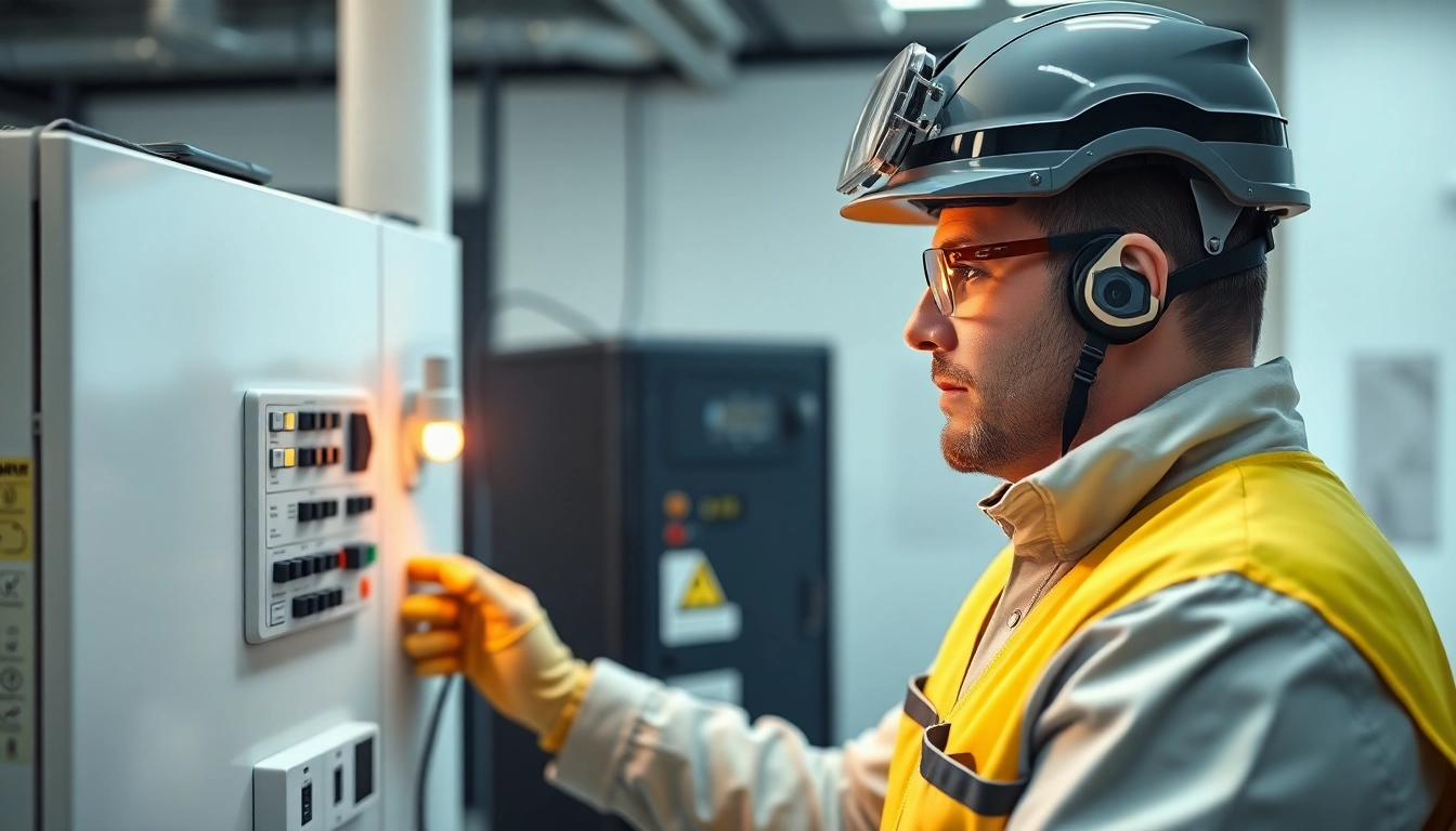Prüfer führt eine DGUV V3 Prüfung durch, kontrolliert elektrische Geräte in einem modernen Büro.