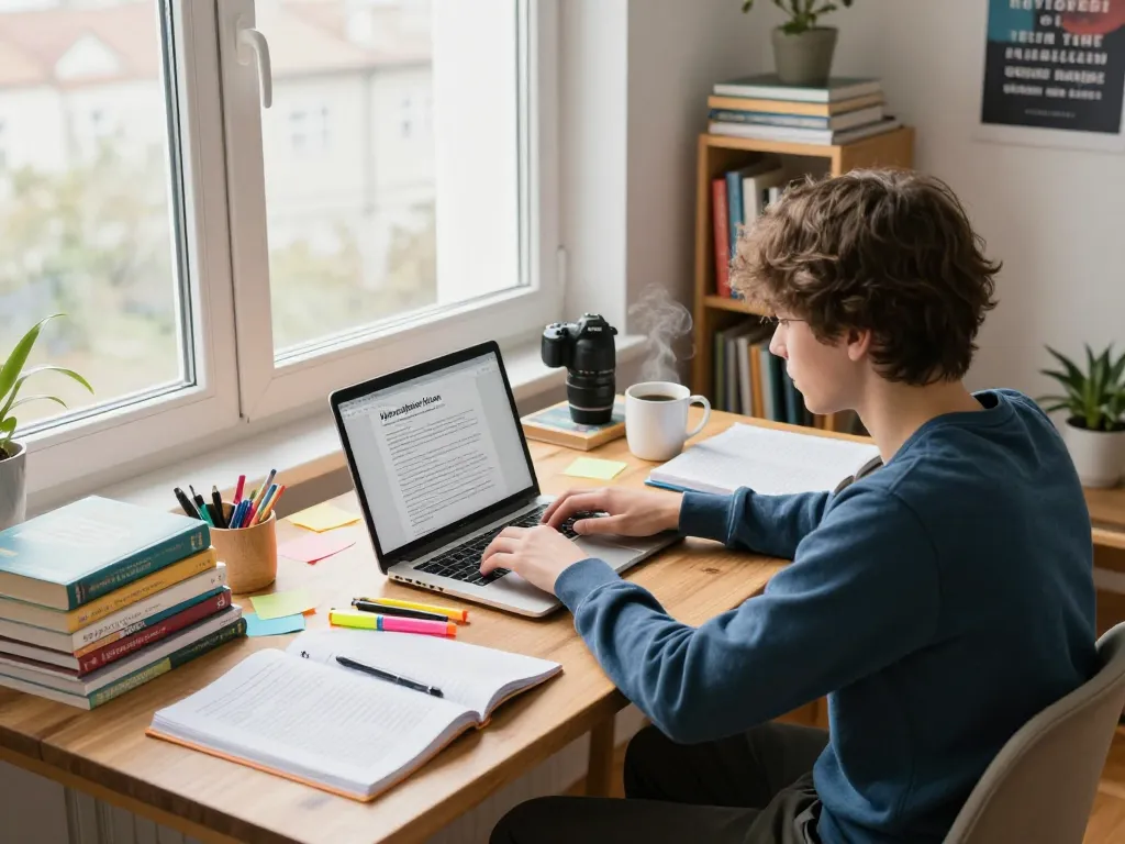 Student, der sich darauf konzentriert, Hausaufgaben zu lösen, in einem hellen Arbeitszimmer mit Lehrbüchern und Laptop.