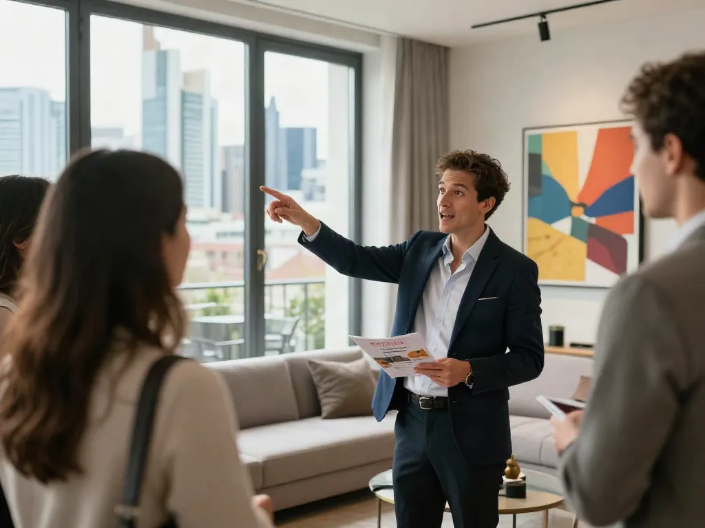 Bester Immobilienmakler Frankfurt präsentiert moderne Wohnungstour mit potenziellen Käufern.