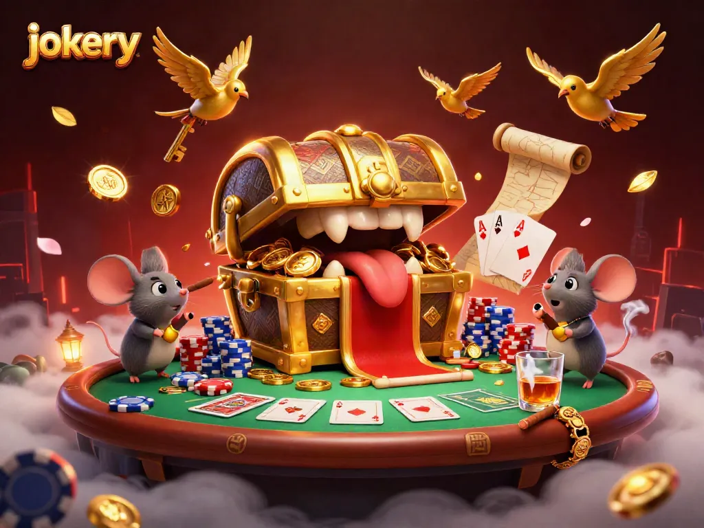 Engaging jokery scene with adventurous mice, poker elements, and treasure highlighting casino excitement.