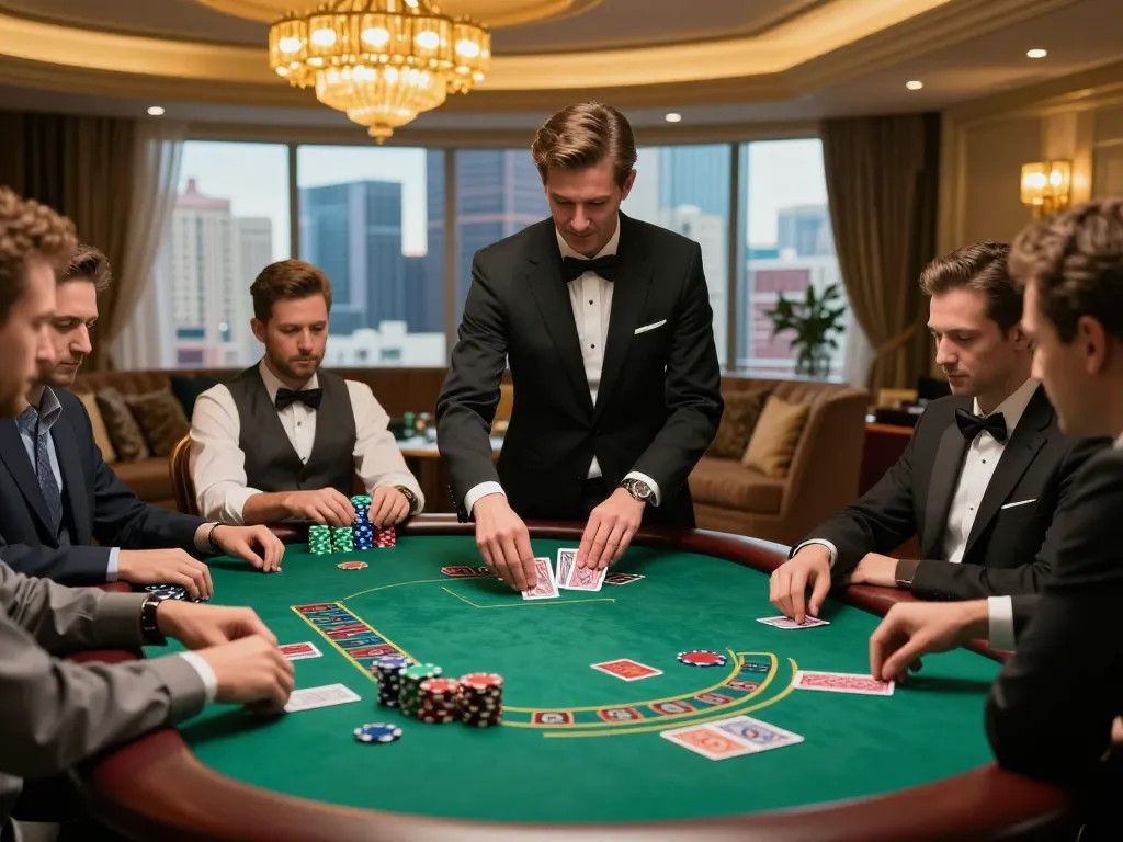 Spieler, die ein lebhaftes Blackjack-Spiel mit einem professionellen Dealer am Tisch genießen, mit Immobilienmakler Frankfurt Preungesheim im Hintergrund.