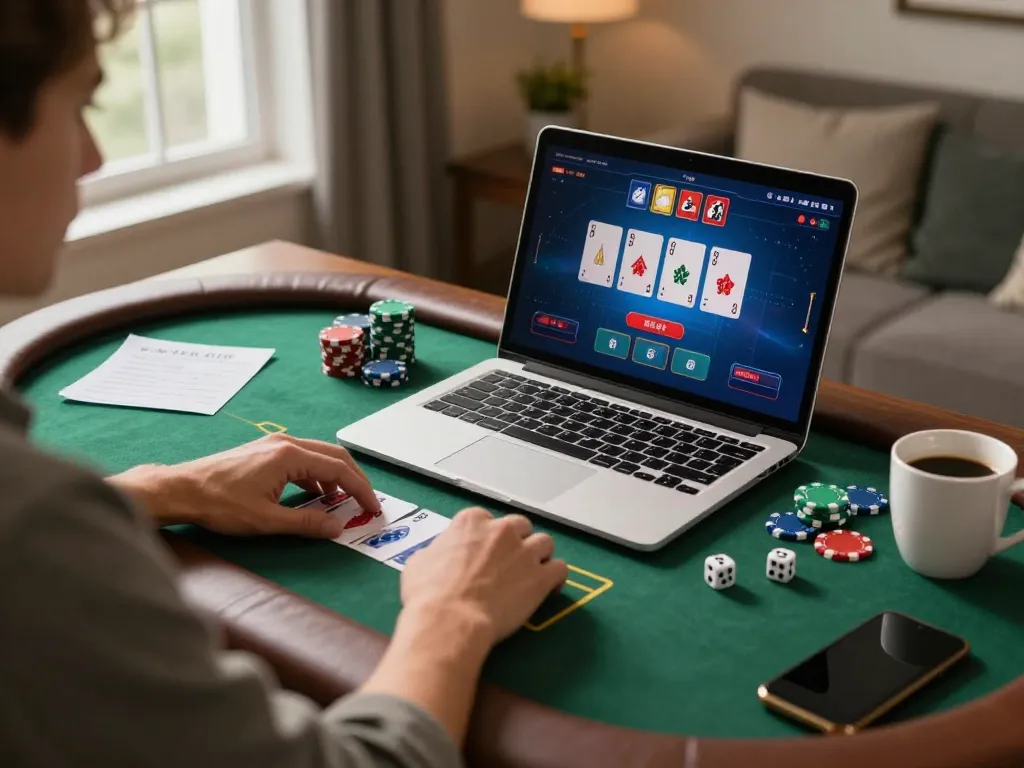 Player engaging in poker on a laptop using mb668, highlighting a strategic home gaming setup.
