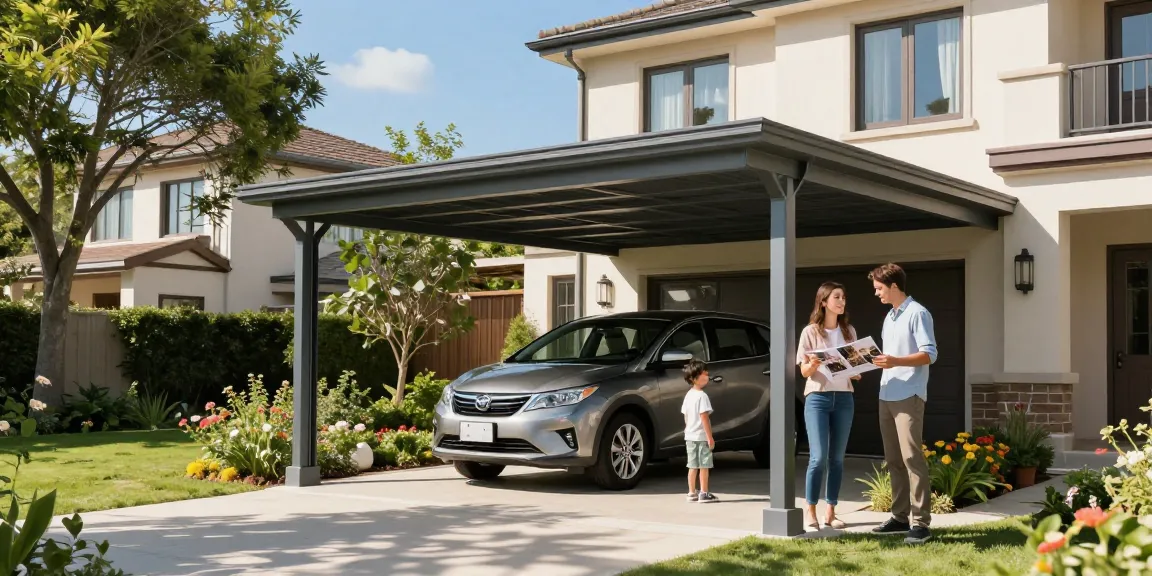 Der moderne Carport schützt das Fahrzeug in einer einladenden Gartenszene und bietet stilvolles Design.