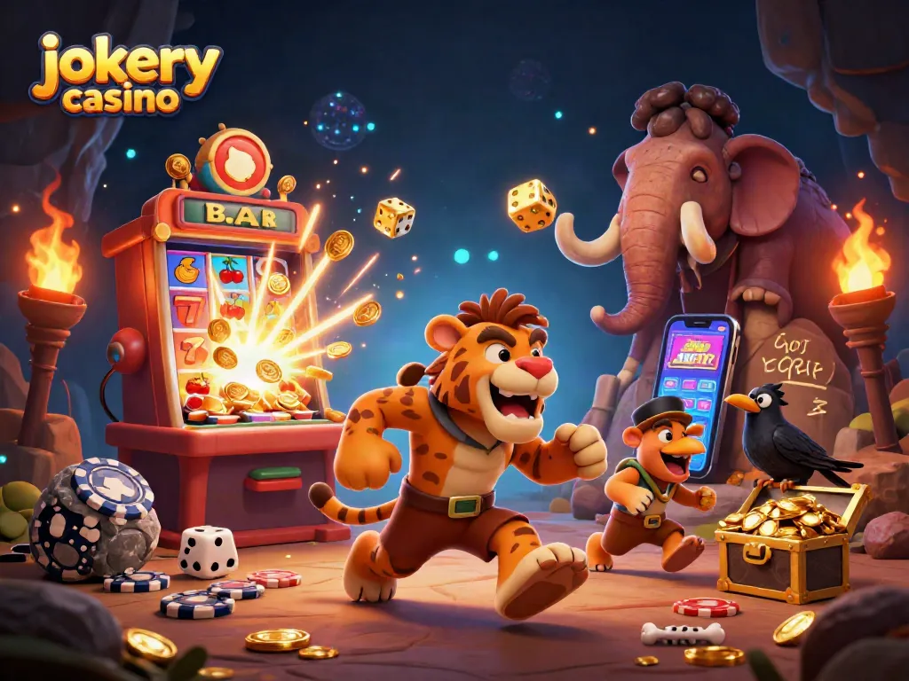 Experience thrilling gameplay at Jokery Casino with dynamic characters and exciting game elements in a colorful casino scene.