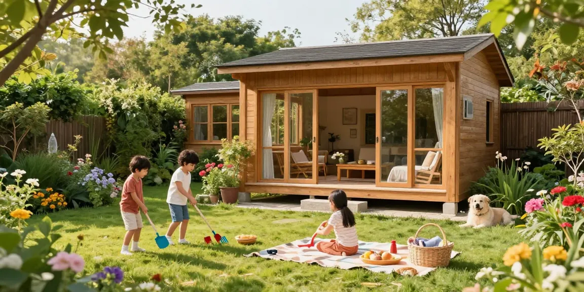 Gartenhaus kaufen: Eine Familie genießt ihr neues Gartenhaus in einem blühenden Garten.