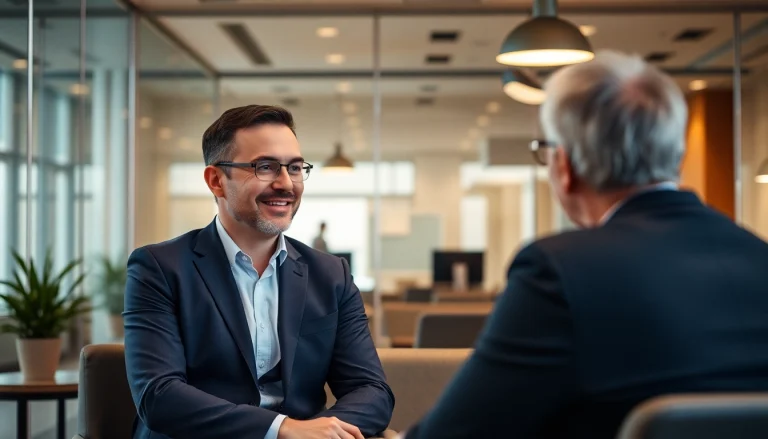 Headhunter führt aussagekräftiges Gespräch mit Kandidaten in modernem Bürosetting.