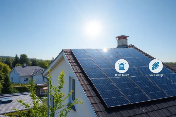 Informieren Sie sich über die Solaranlage Preise mit einer detaillierten Darstellung einer modernen Solaranlage auf einem Einfamilienhaus.