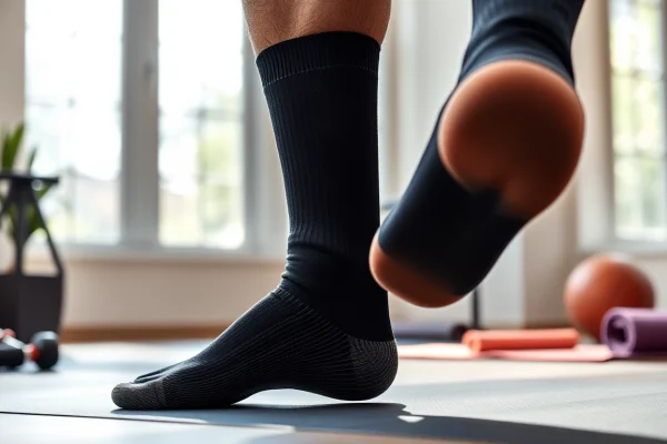 Aktiver Sportler trägt hochwertige schwarze Kompressionssocken, die optimalen Halt und Komfort bieten.