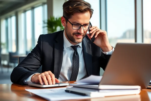 Der ultimative Headhunter-Guide: Tipps und Strategien zur erfolgreichen Personalvermittlung Headhunter in einem modernen BĂŒro, der professionell telefoniert und Akten durchblĂ€ttert.